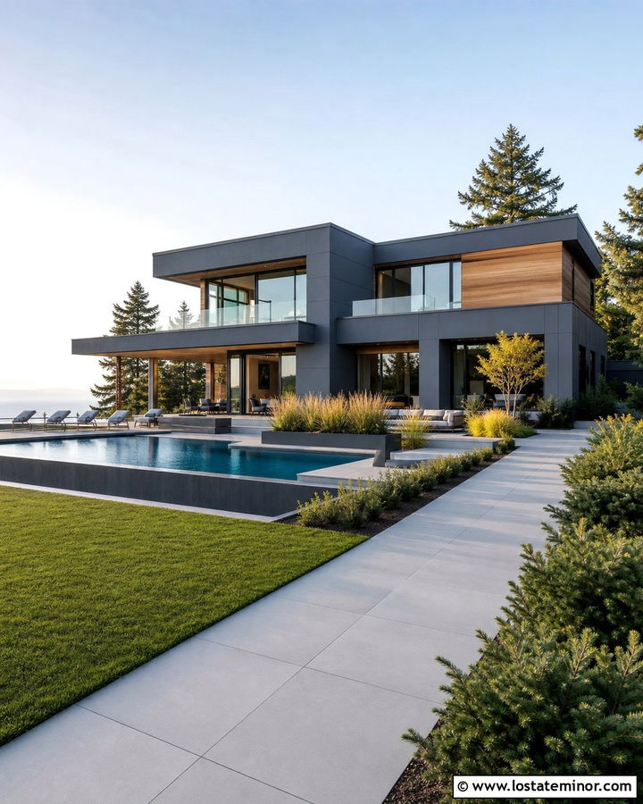 Dusty Blue Contemporary House With Infinity Pool - 30 Dusty Blue House Design With Swimming Pool Ideas