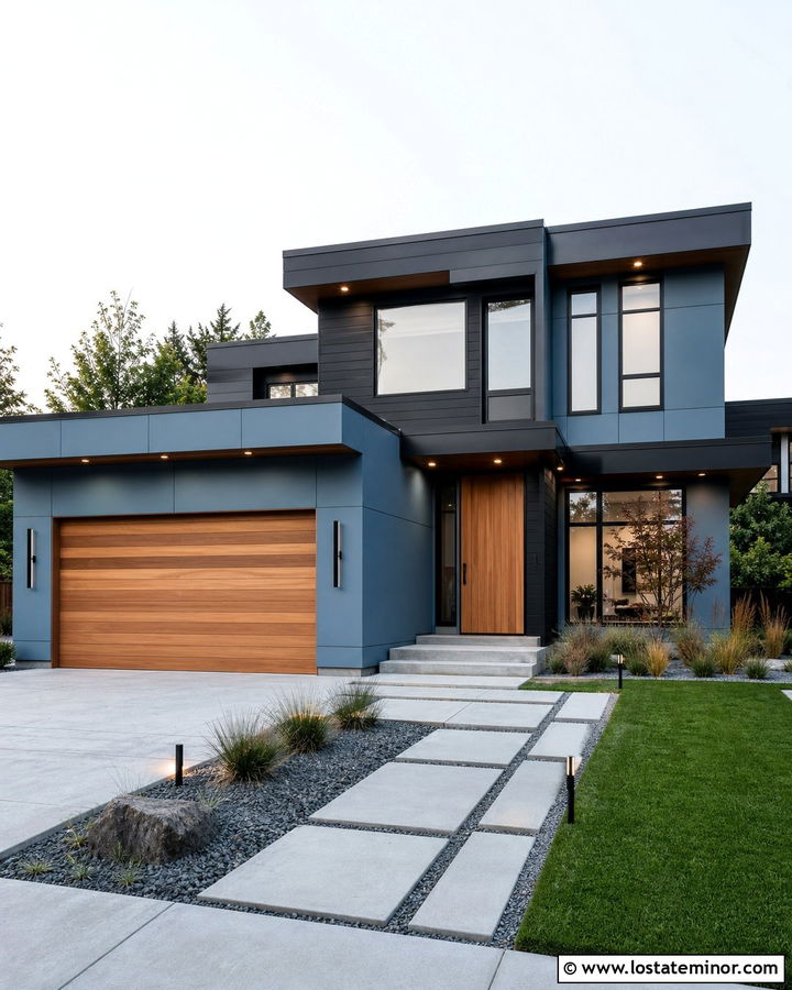 Dusty Blue Contemporary House With Linear Lights - 30 Dusty Blue House Design With Light Fixtures Ideas