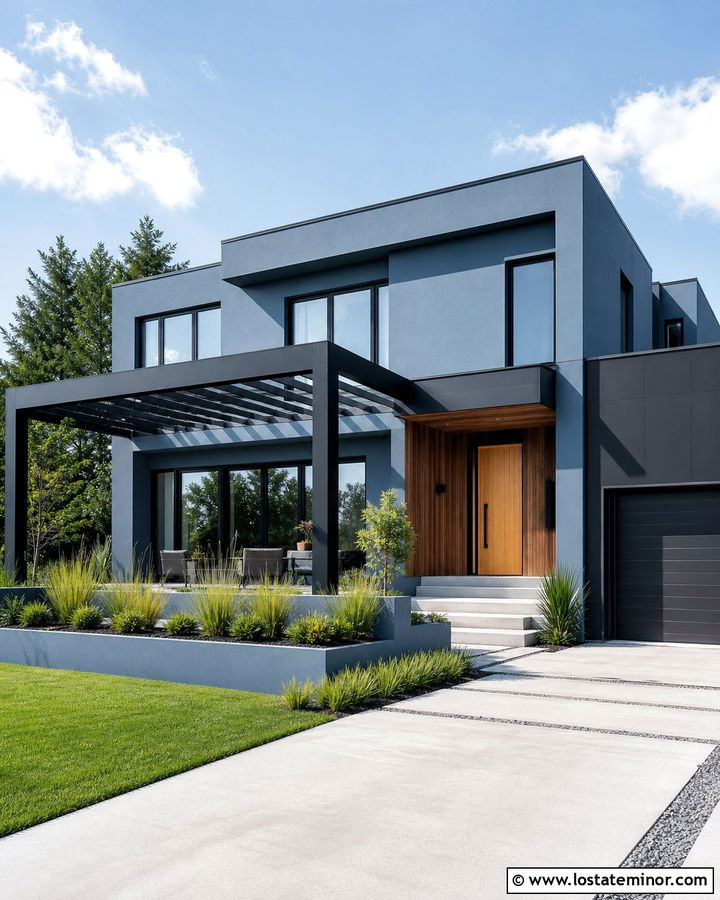 Dusty Blue Contemporary House With Pergola - 30 Dusty Blue House Design With Pergola Ideas