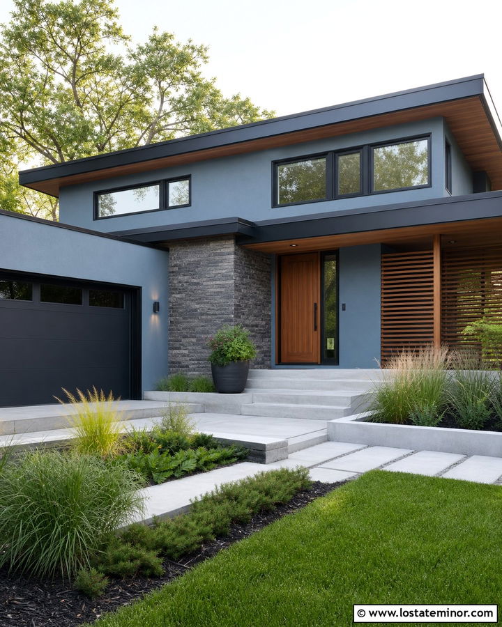 Dusty Blue Contemporary House With Red Cedar Door - 30 Dusty Blue House Design With Entry Door Ideas
