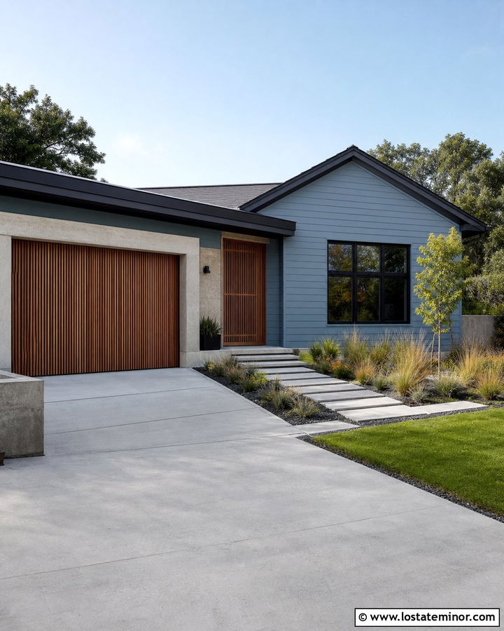 Dusty Blue Contemporary House With Slatted Garage Door - 30 Dusty Blue House Design With Garage Door Ideas