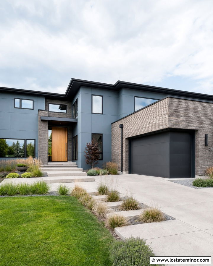 Dusty Blue Contemporary House With Stacked Brick - 30 Dusty Blue House Design With Brick Accents Ideas