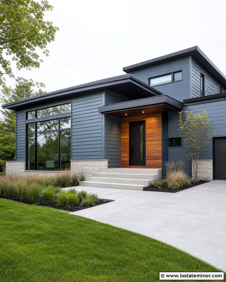 Dusty Blue Contemporary House With Steel Window Frames - 30 Dusty Blue House Design With Window Frames Ideas