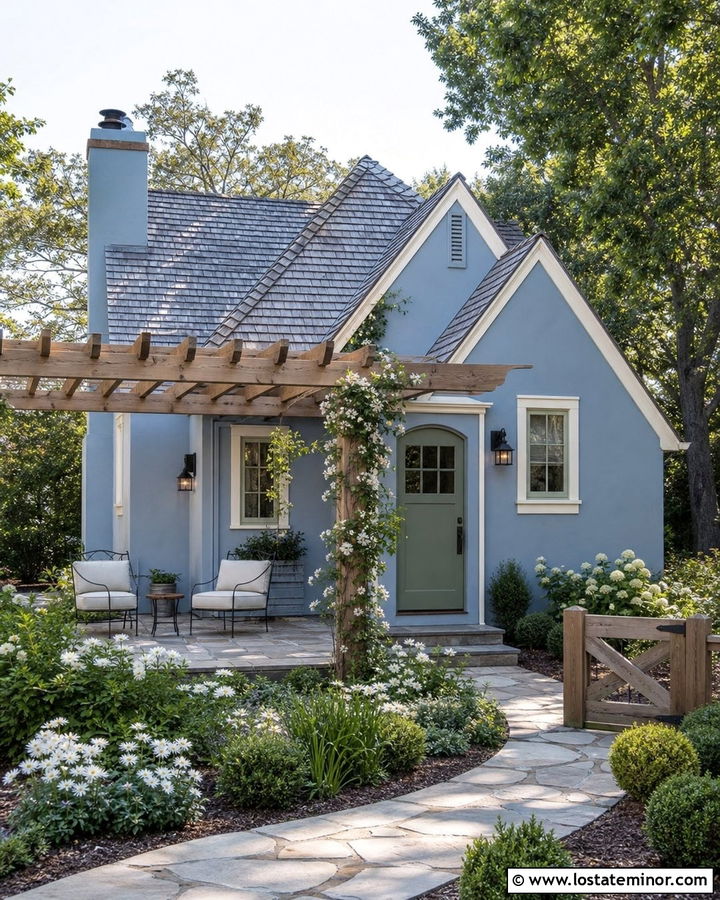 Dusty Blue Cottage House With Pergola - 30 Dusty Blue House Design With Pergola Ideas