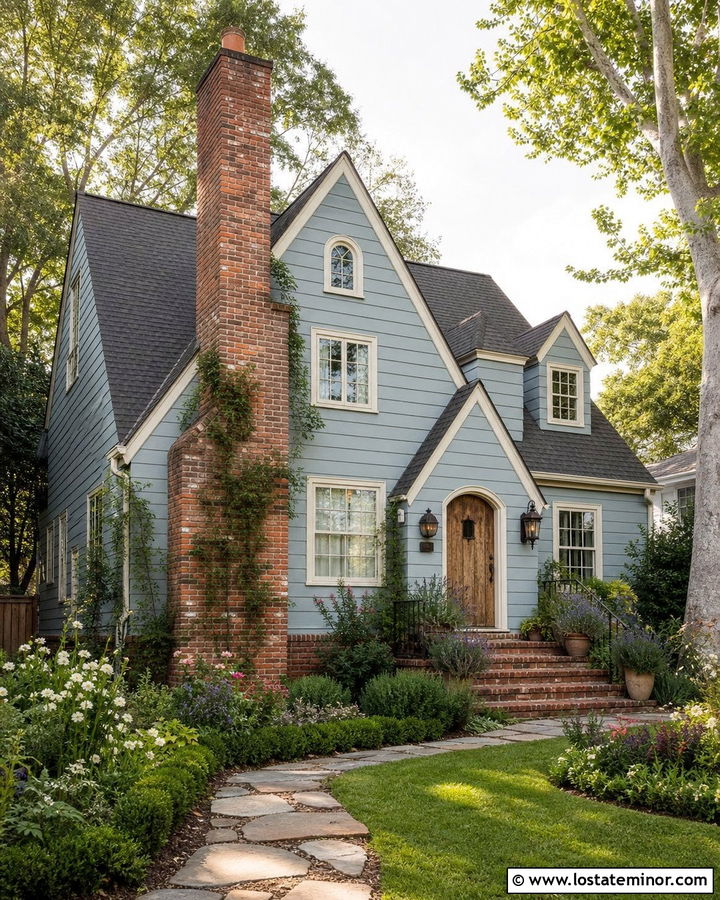 Dusty Blue Cottage House With Reclaimed Brick - 30 Dusty Blue House Design With Brick Accents Ideas