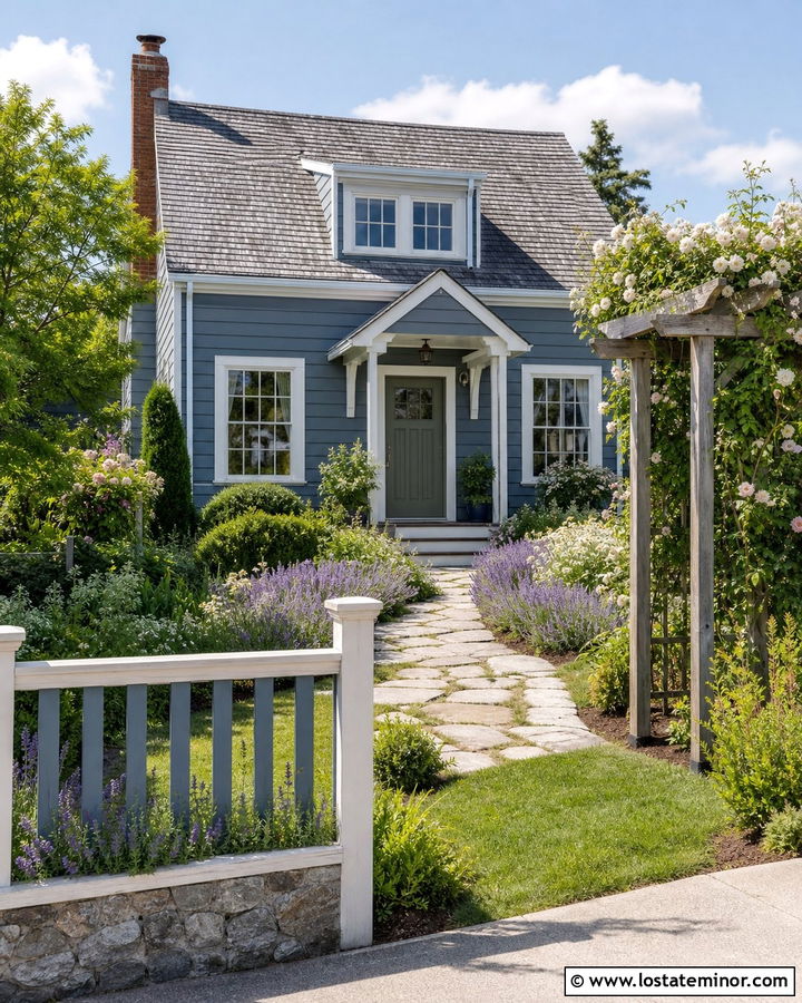 Dusty Blue Cottage With Arbor Front Yard - 30 Dusty Blue House Design With Front Yard Ideas