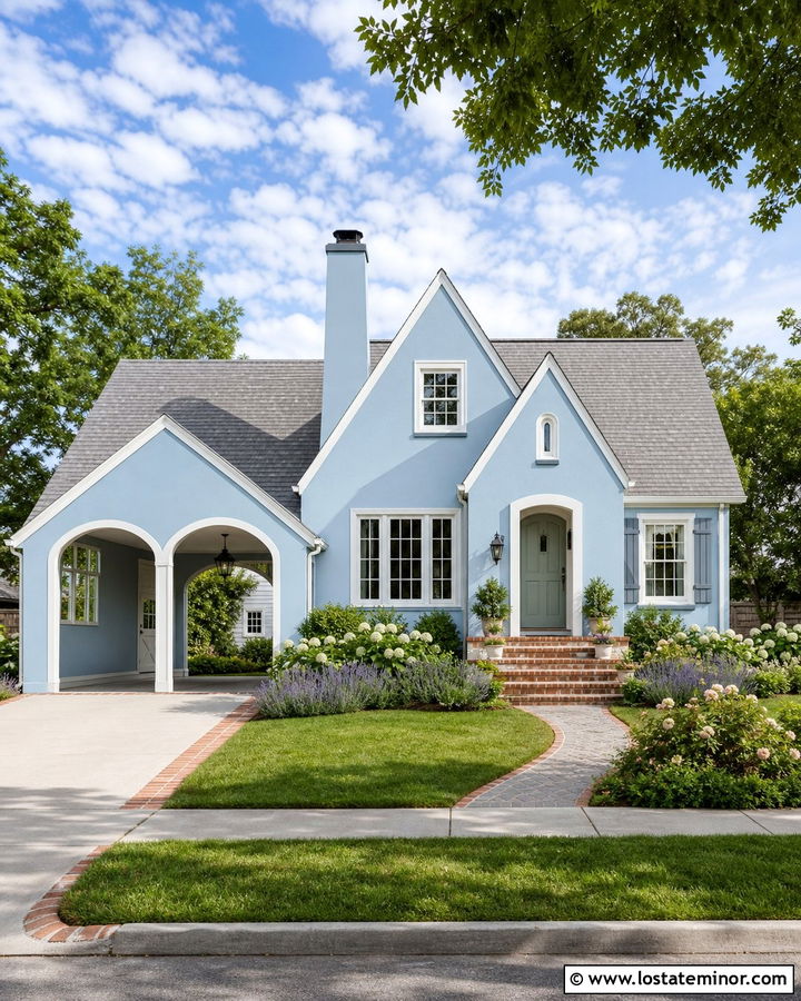 Dusty Blue Cottage With Arched Carport Openings - 30 Dusty Blue House Design With Carport Ideas