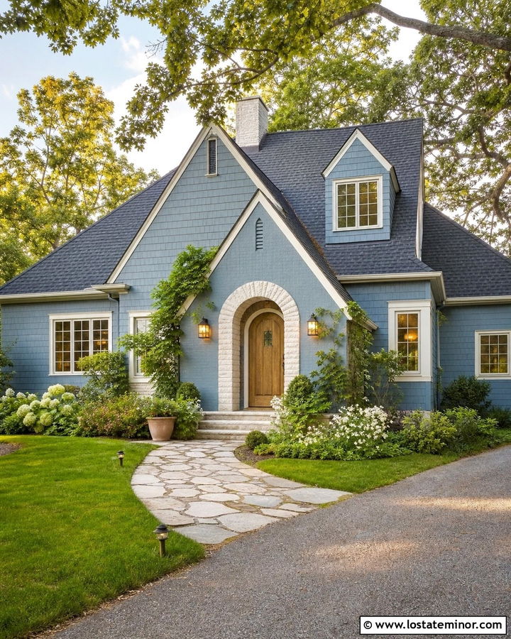 Dusty Blue Cottage With Arched Entry Gable - 30 Dusty Blue House Design With Gables Ideas