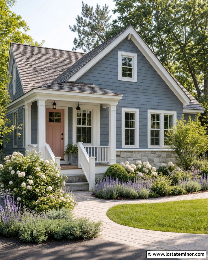 Dusty Blue Cottage With Blush Front Door - 30 Dusty Blue House Design With Front Porch Ideas