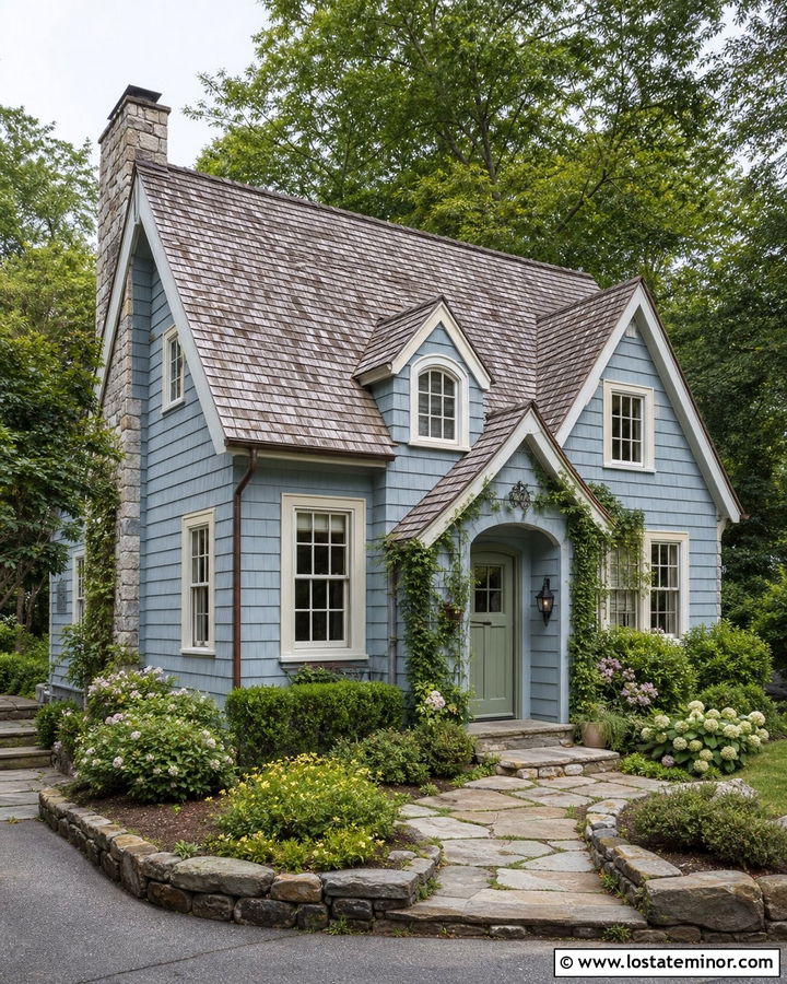 Dusty Blue Cottage With Cedar Roof Shingles - 30 Dusty Blue House Design With Shingles Ideas