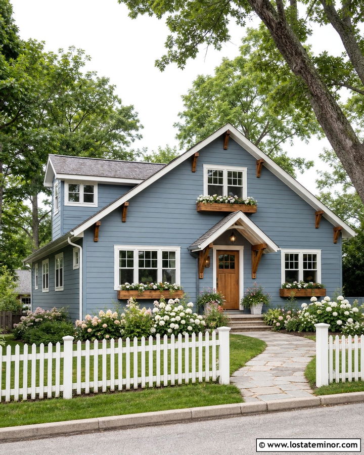 Dusty Blue Cottage With Cedar Window Boxes - 30 Dusty Blue House Design With Window Boxes Ideas