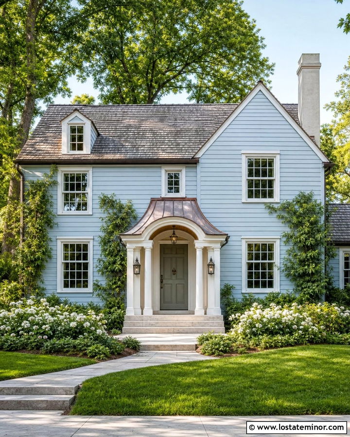 Dusty Blue Cottage With Copper Portico Roof - 30 Dusty Blue House Design With Portico Ideas