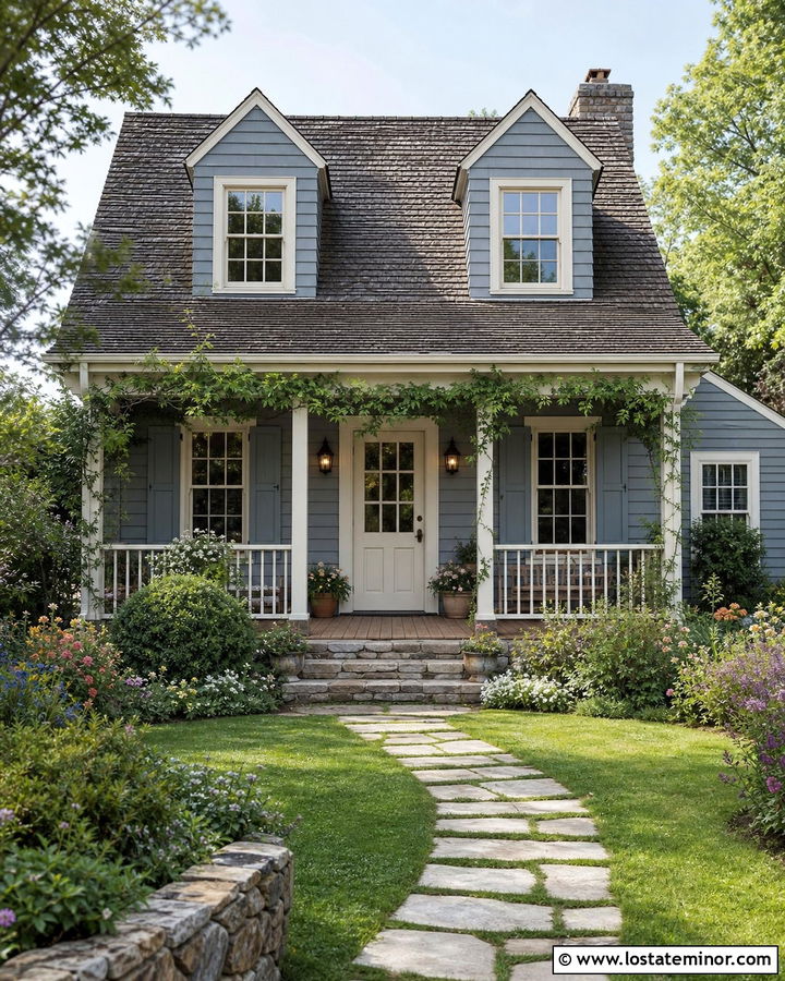 Dusty Blue Cottage With Cream Front Door - 30 Dusty Blue House Design With Entry Door Ideas