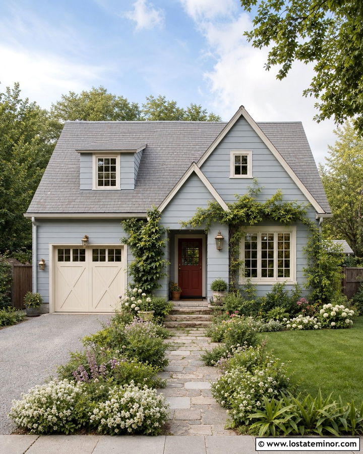 Dusty Blue Cottage With Cream Garage Door - 30 Dusty Blue House Design With Garage Door Ideas
