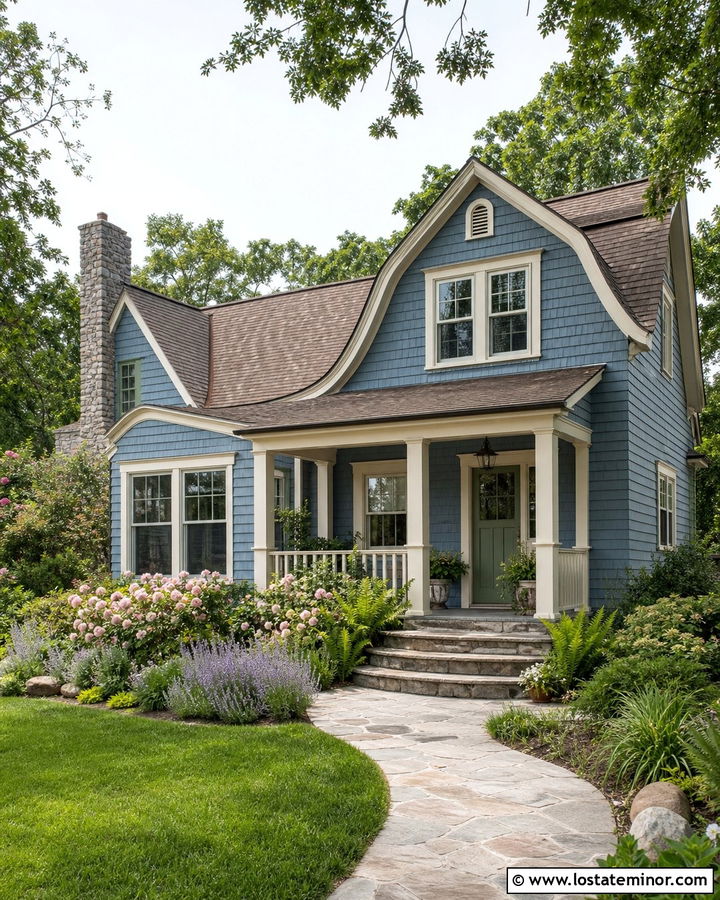 Dusty Blue Cottage With Cream Porch Columns - 30 Dusty Blue House Design With Porch Columns Ideas