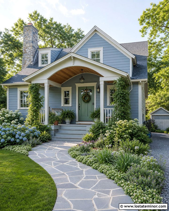 Dusty Blue Cottage With Curved Flagstone Walkway - 30 Dusty Blue House Design With Walkway Ideas