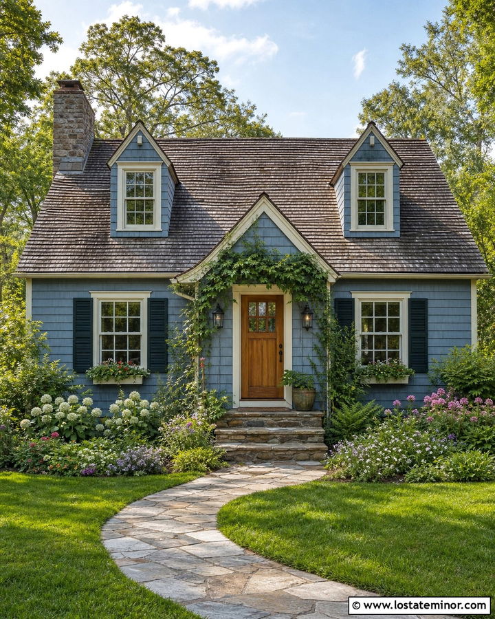 Dusty Blue Cottage With Dark Green Shutters - 30 Dusty Blue House Design With Accents Ideas