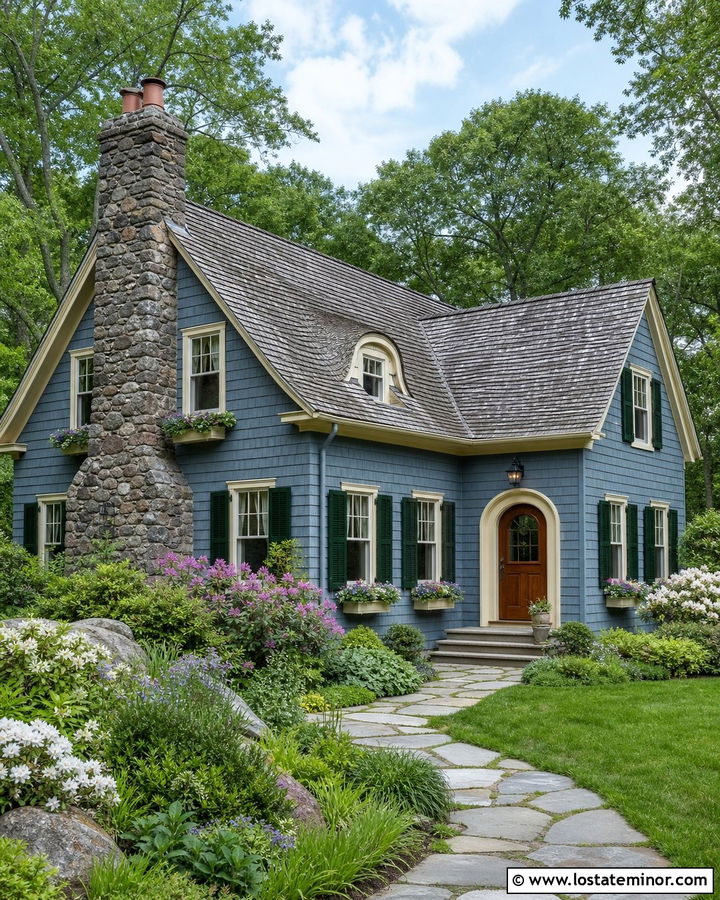 Dusty Blue Cottage With Fieldstone Chimney - 30 Dusty Blue House Design With Chimney Ideas