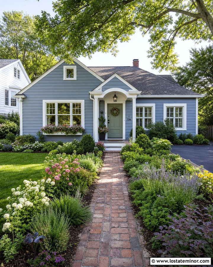 Dusty Blue Cottage With Garden Brick Walkway - 30 Dusty Blue House Design With Walkway Ideas