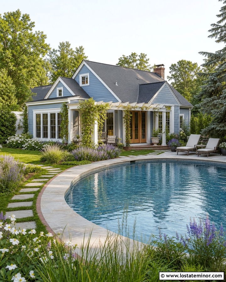 Dusty Blue Cottage With Garden Pool - 30 Dusty Blue House Design With Swimming Pool Ideas