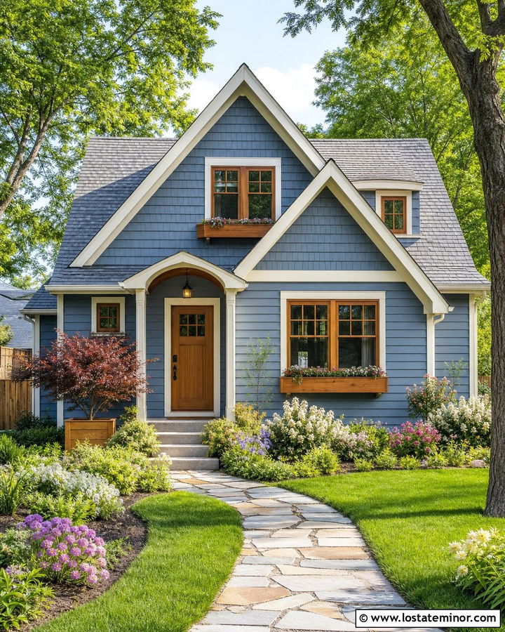 Dusty Blue Cottage With Natural Wood Window Frames - 30 Dusty Blue House Design With Window Frames Ideas