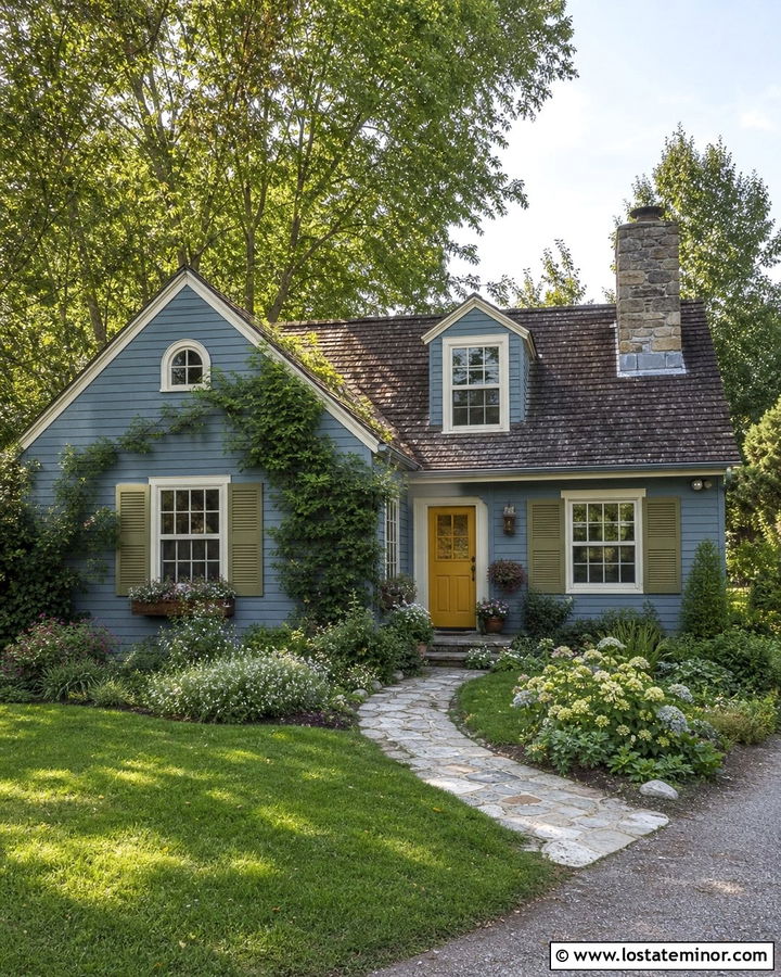 Dusty Blue Cottage With Olive Green Shutters - 30 Dusty Blue House Design With Shutters Ideas