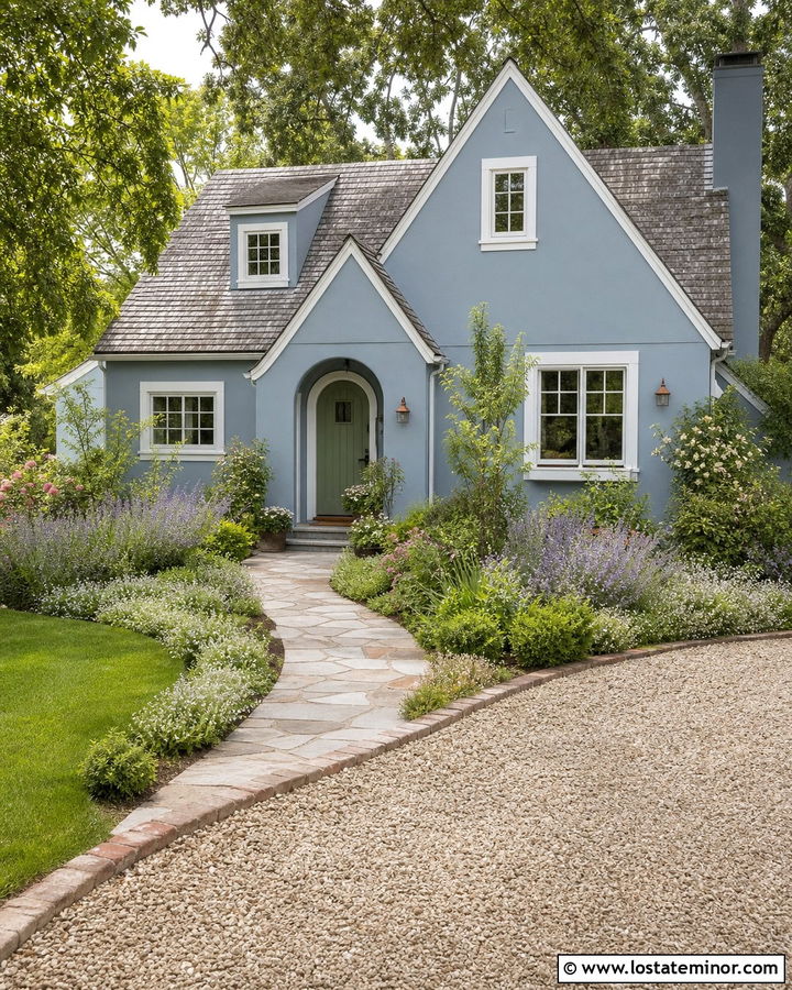 Dusty Blue Cottage With Pea Gravel Driveway - 30 Dusty Blue House Design With Driveway Ideas