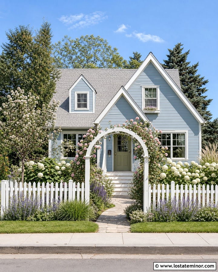 Dusty Blue Cottage With Picket Fence Garden - 30 Dusty Blue House Design With Landscaping Ideas