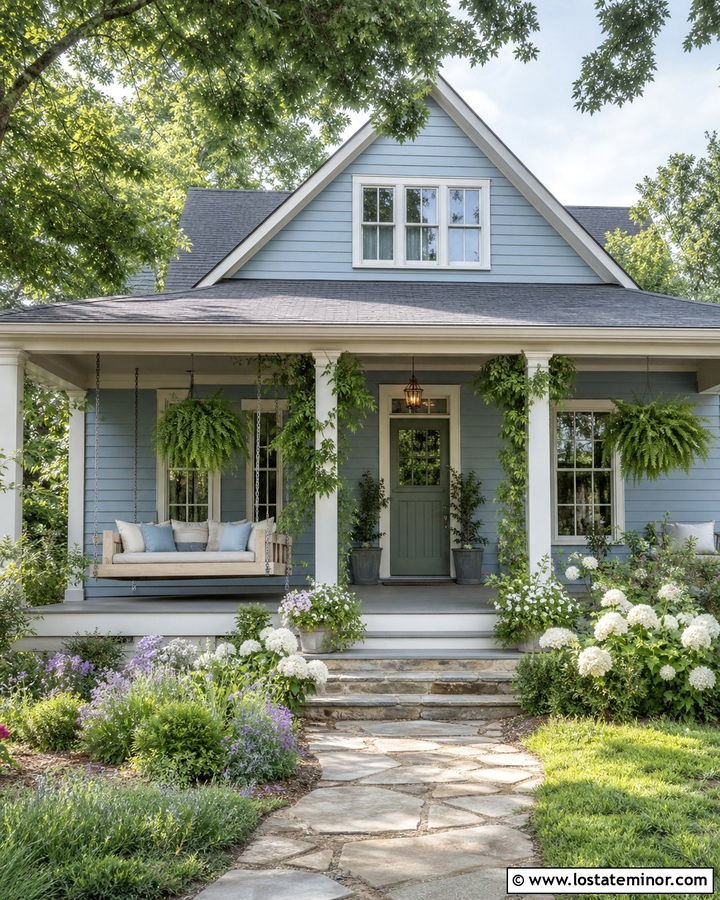 Dusty Blue Cottage With Porch Bed Swing - 30 Dusty Blue House Design With Swing Ideas
