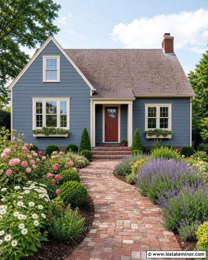 Dusty Blue Cottage With Red Door And Flower Garden - 30 Dusty Blue House Design With Front Yard Ideas