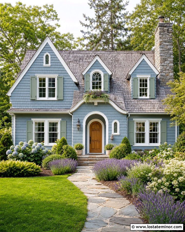 Dusty Blue Cottage With Sage Green Shutters - 30 Dusty Blue House Design With Shutters Ideas