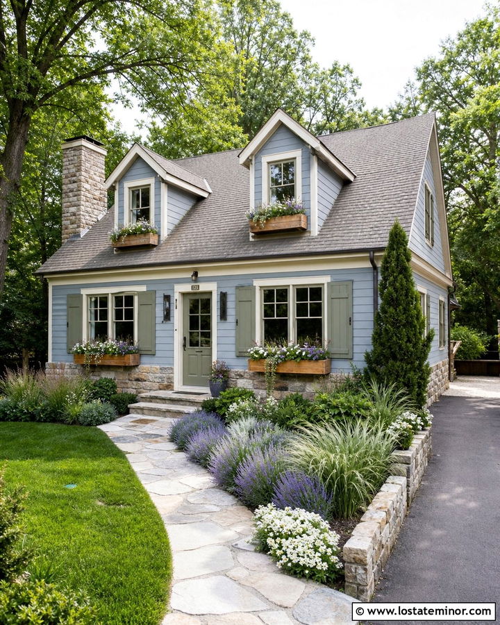 Dusty Blue Cottage With Sage Green Shutters - 30 Dusty Blue House Design With Dormers Ideas