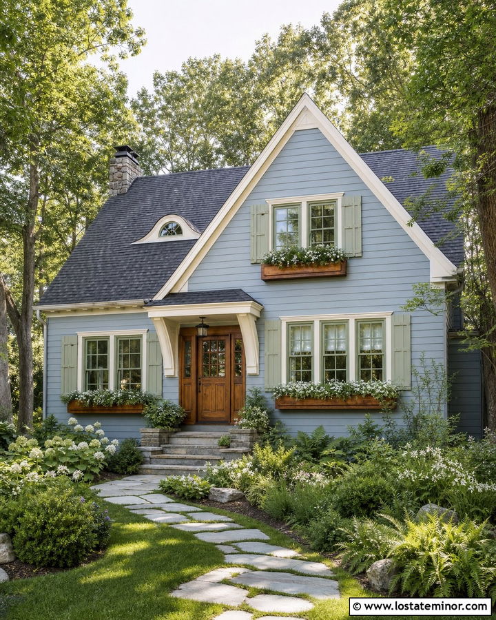 Dusty Blue Cottage With Sage Window Frames - 30 Dusty Blue House Design With Window Frames Ideas