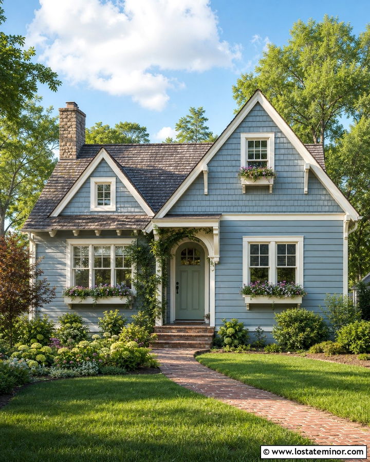 Dusty Blue Cottage With Shingle Gables - 30 Dusty Blue House Design With Gables Ideas