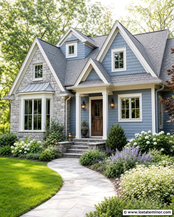 Dusty Blue Cottage With Stone Dormers - 30 Dusty Blue House Design With Dormers Ideas