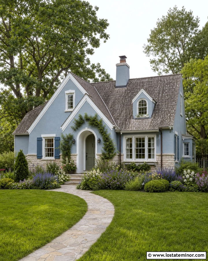 Dusty Blue Cottage With Warm Limestone - 30 Dusty Blue House Design With Stone Accents Ideas