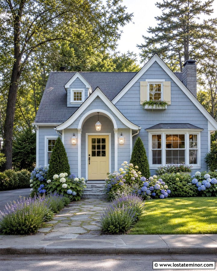 Dusty Blue Cottage With White Lanterns - 30 Dusty Blue House Design With Lighting Ideas