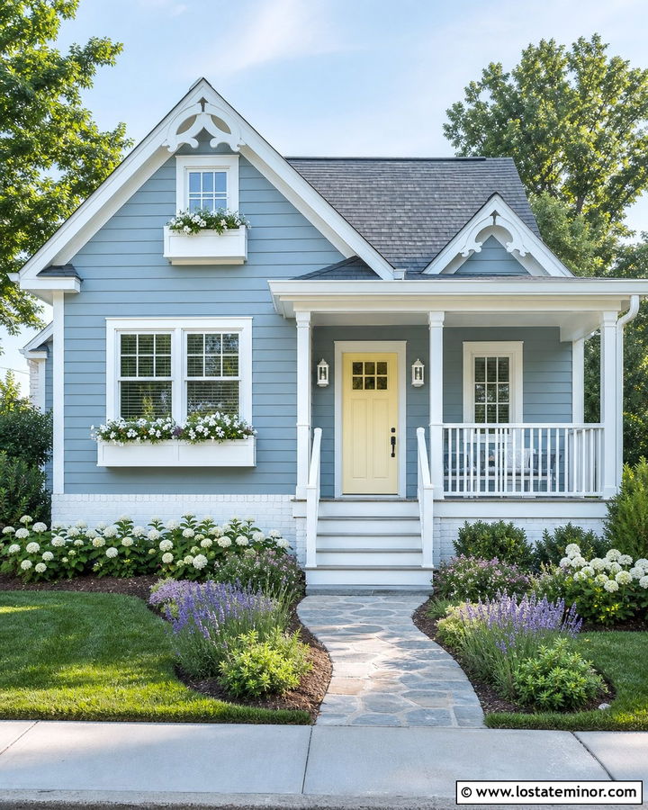 Dusty Blue Cottage With White Lanterns - 30 Dusty Blue House Design With Light Fixtures Ideas