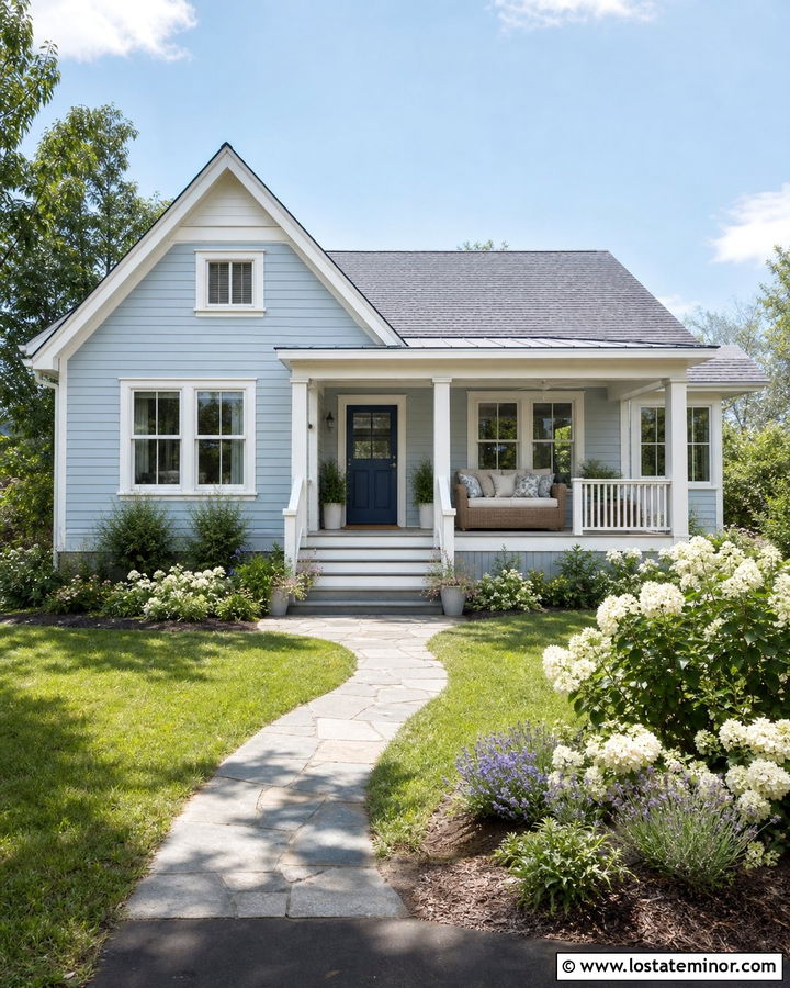 Dusty Blue Cottage With Wicker Daybed - 30 Dusty Blue House Design With Daybed Ideas