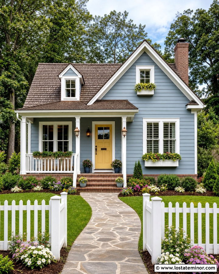 Dusty Blue Cottage With Yellow Front Door - 30 Dusty Blue House Design With Accents Ideas