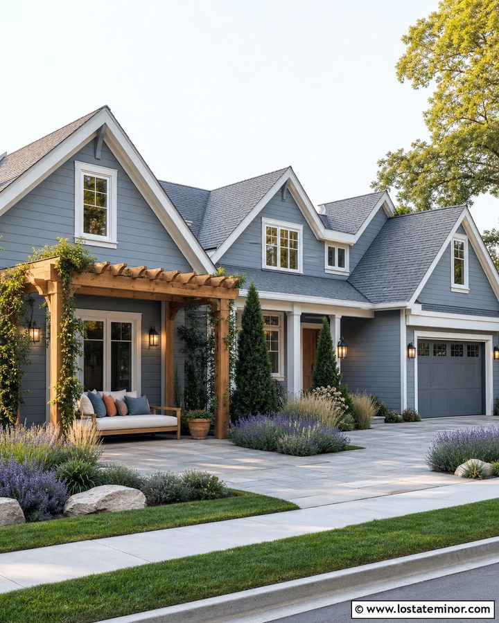 Dusty Blue Courtyard House With Pergola Daybed - 30 Dusty Blue House Design With Daybed Ideas