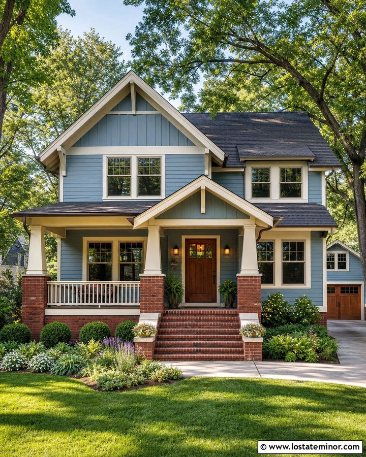Dusty Blue Craftsman House With Brick Columns - 30 Dusty Blue House Design With Brick Accents Ideas