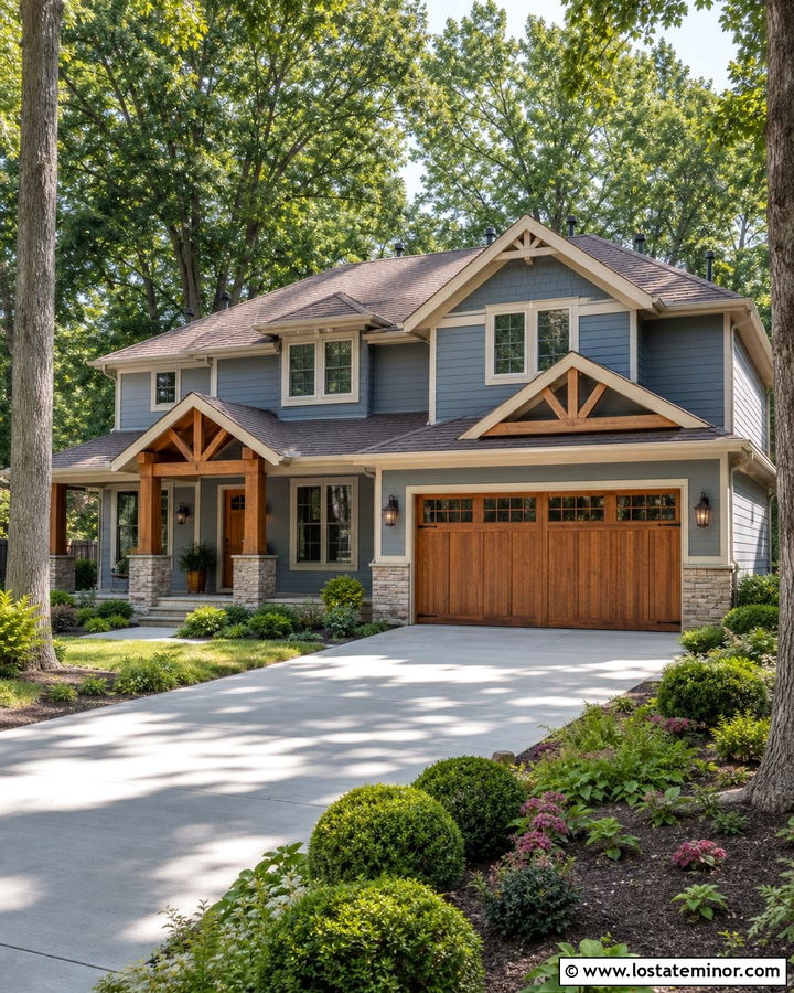 Dusty Blue Craftsman House With Cedar Garage Door - 30 Dusty Blue House Design With Garage Door Ideas