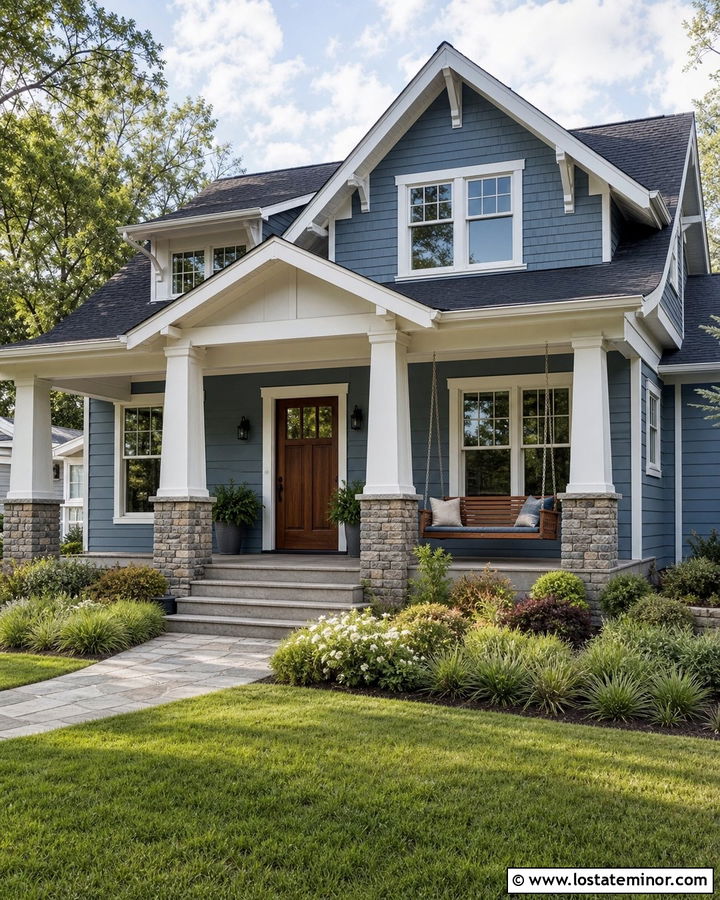 Dusty Blue Craftsman House With Cedar Porch Swing - 30 Dusty Blue House Design With Swing Ideas