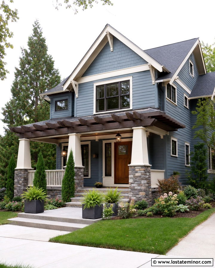 Dusty Blue Craftsman House With Pergola - 30 Dusty Blue House Design With Pergola Ideas