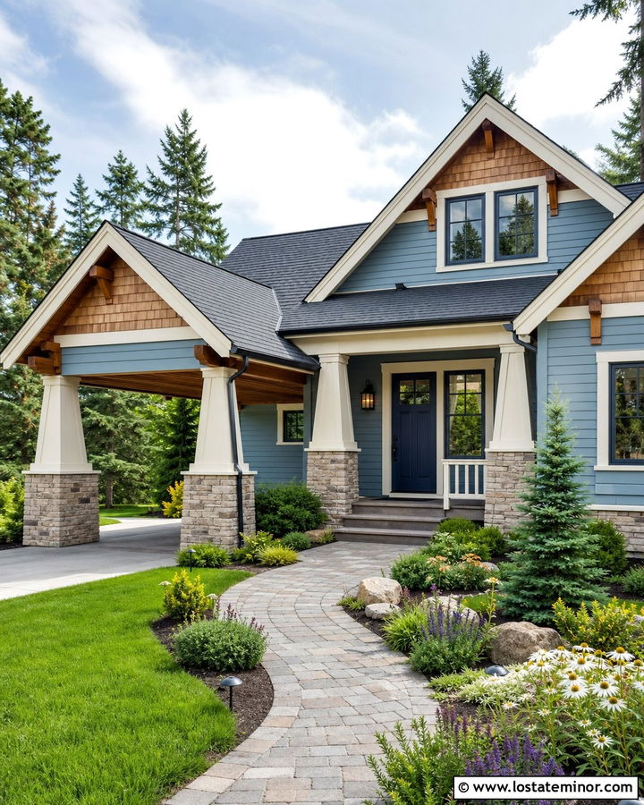 Dusty Blue Craftsman House With Stone Carport Columns - 30 Dusty Blue House Design With Carport Ideas