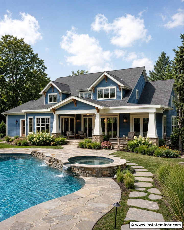 Dusty Blue Craftsman House With Stone Pool Deck - 30 Dusty Blue House Design With Swimming Pool Ideas