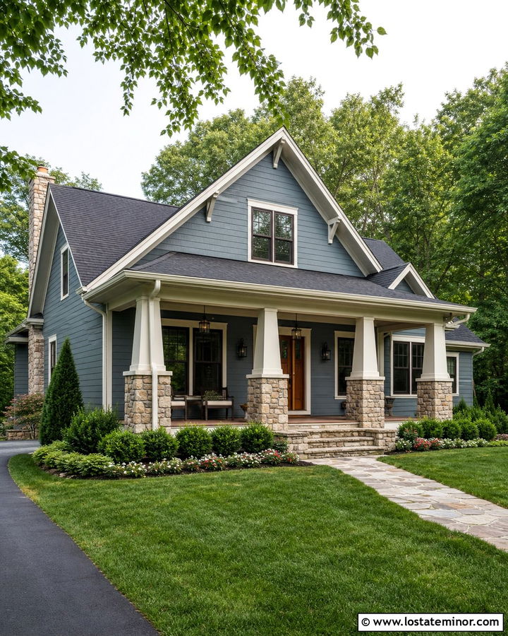 Dusty Blue Craftsman House With Stone Porch - 30 Dusty Blue House Design With Front Porch Ideas