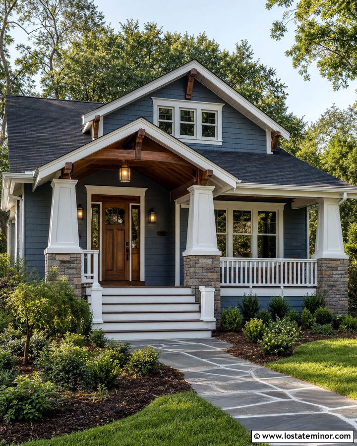 Dusty Blue Craftsman House With White And Wood Trim - 30 Dusty Blue House Design With Trim Ideas