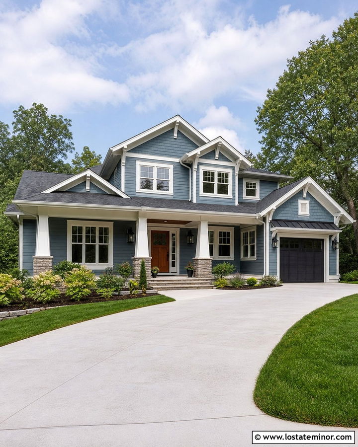Dusty Blue Craftsman With Black Lanterns - 30 Dusty Blue House Design With Lighting Ideas